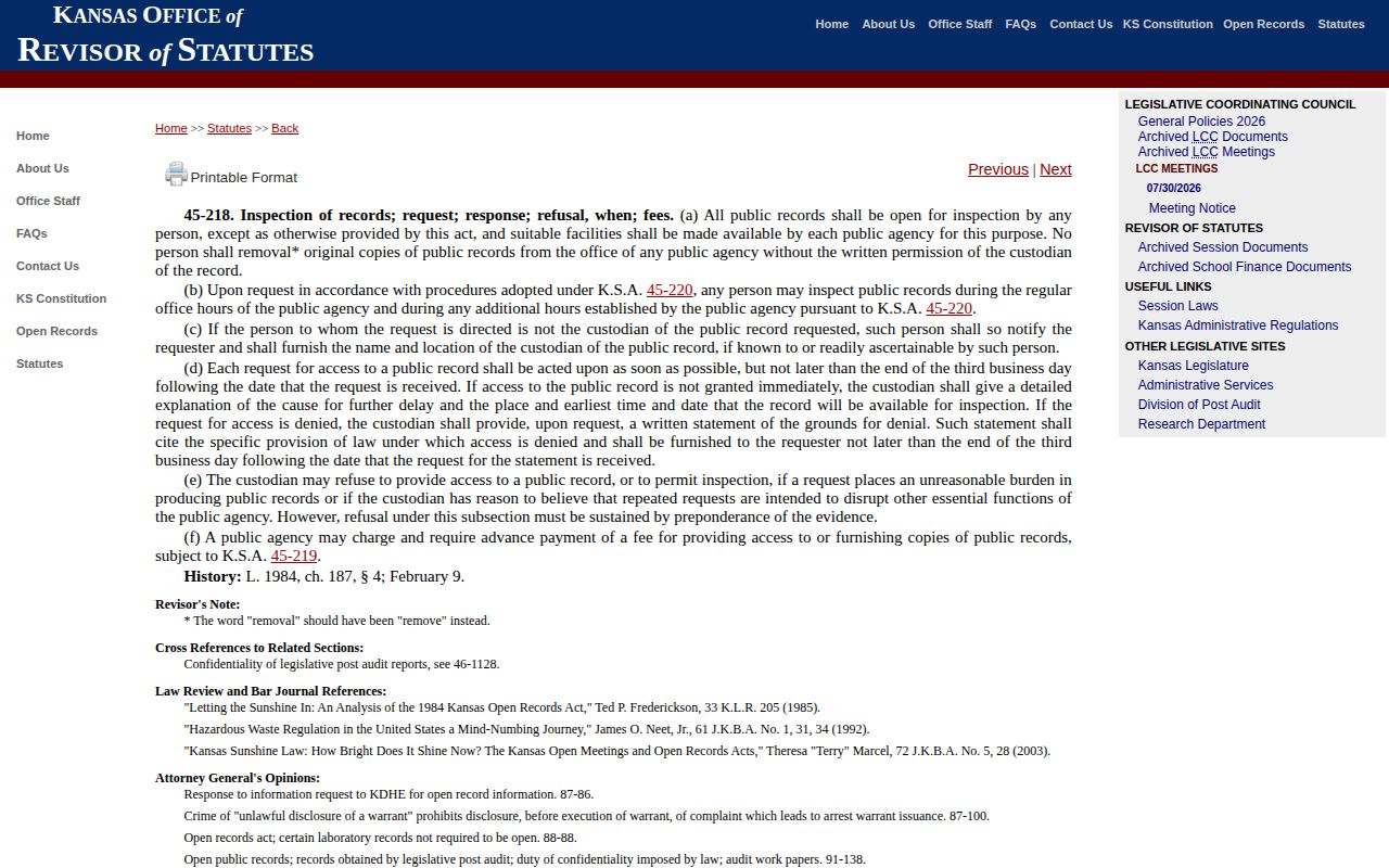 Kansas open records request procedure under K.S.A. 45-218