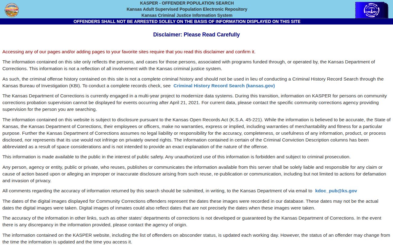 Kansas KASPER offender search disclaimer page